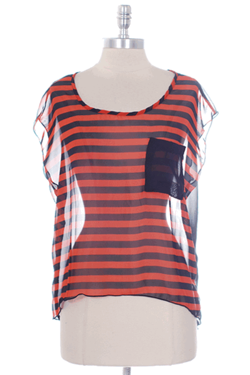 Short Sleeve Stripe Top With Pocket